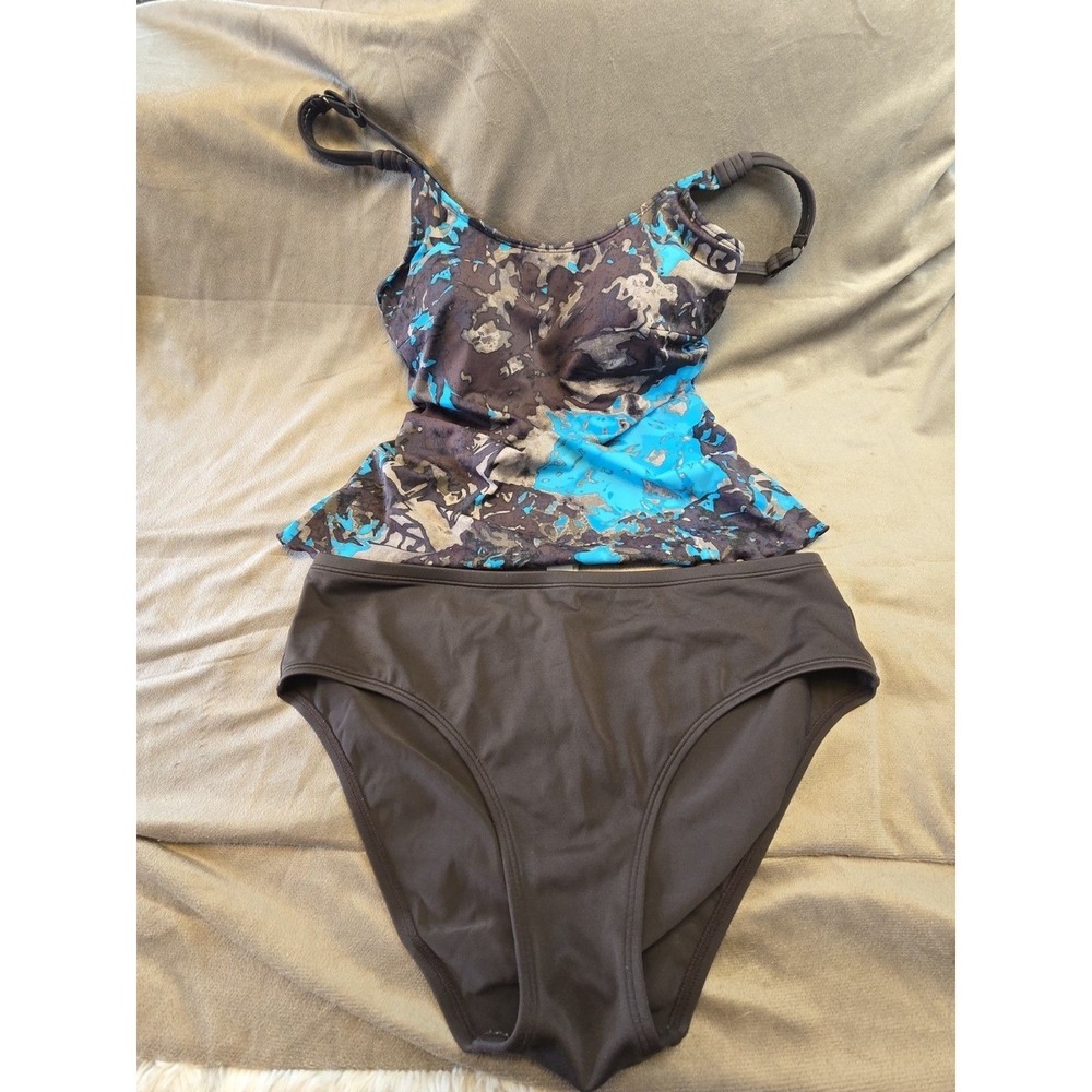 Amoena Coral Sea Tankini Top & Bikini Bottom Set Brown Blue Size M 36C 10 12 40C
